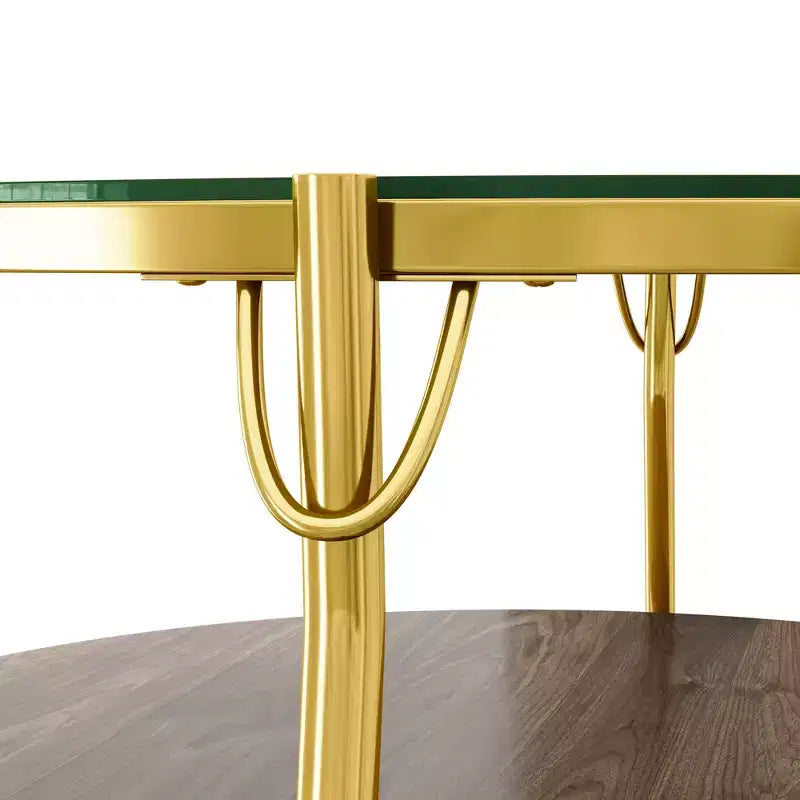 Table basse ronde moderne en noyer à 2 niveaux avec plateau en verre et base dorée pour salon, 29,9