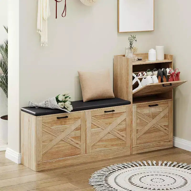 Banc de rangement pour chaussures avec 4 tiroirs basculants et coussin d'assise rembourré, meuble à chaussures étroit en bois avec rangement dissimulé