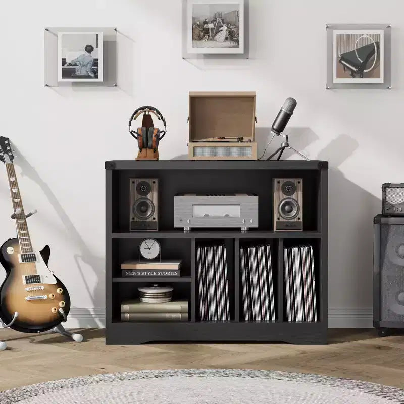 Meuble tourne-disque, meuble de platine de style ferme avec 6 rangements pour vinyles, étagère de présentation de vinyles, organisateur de rangement en bois pour salon, noir