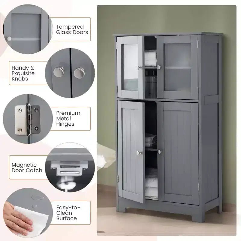 Meuble de Rangement à 4 Portes avec Étagère Réglable et Verre Trempé - Noir/Marron