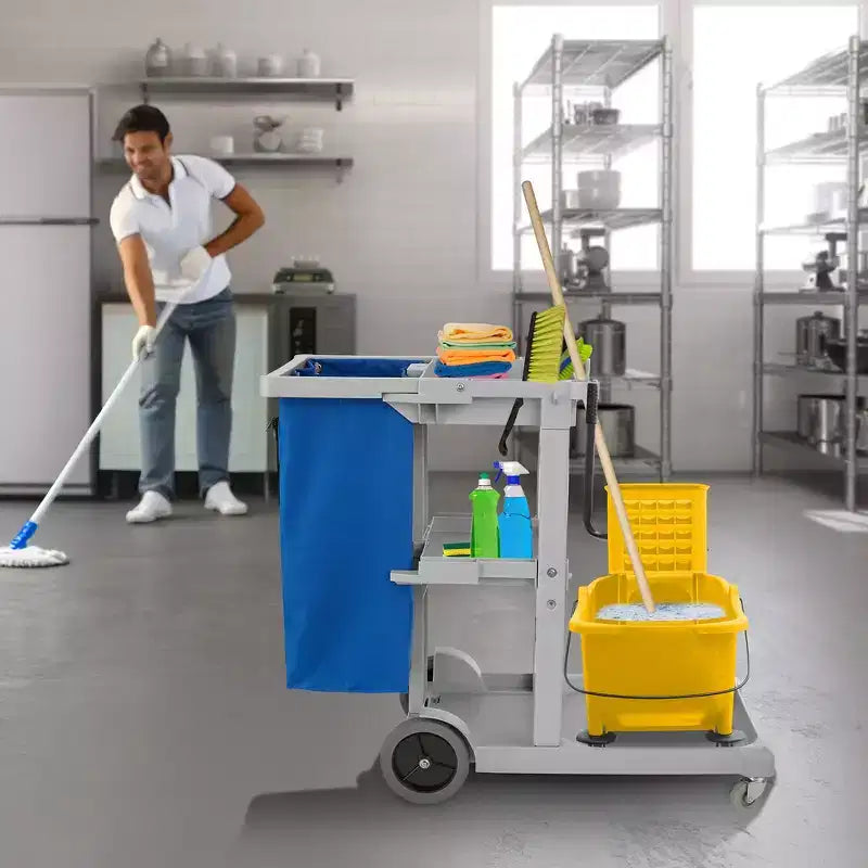 Chariot de nettoyage commercial Dryser avec roues - Chariot de ménage avec étagères et sac en vinyle - Gris
