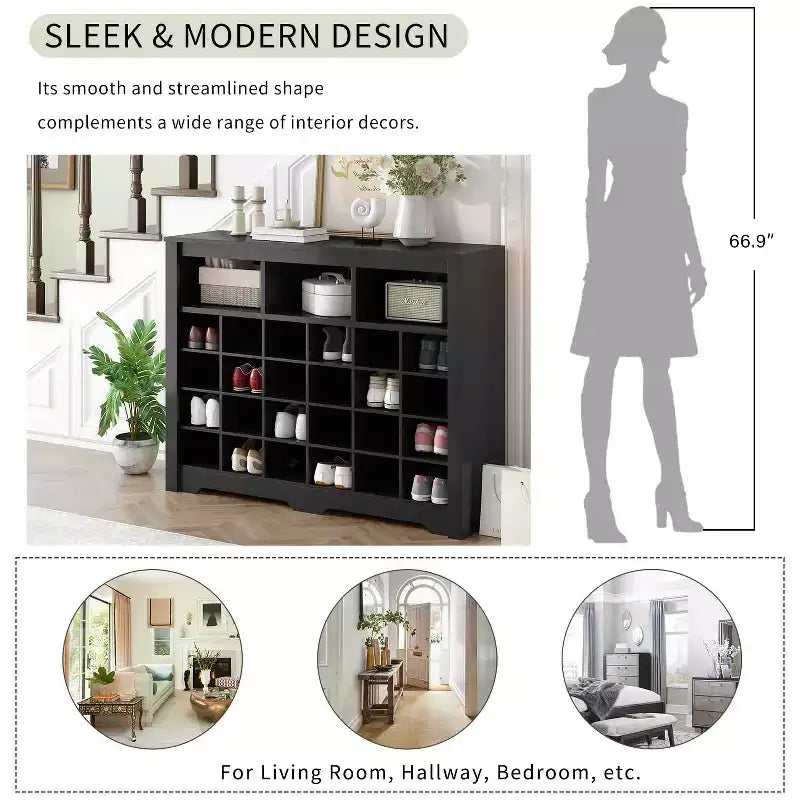Meuble de rangement pour 24 paires de chaussures avec console et buffet à base incurvée – Noir
