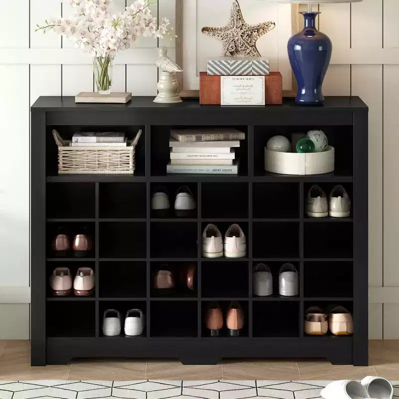 MAYEERTY Sleek 24 Shoe Cubby Console, Modern Shoe Cabinet Curved Base Versatile Sideboard, Black