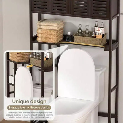 Meuble de rangement au-dessus des toilettes avec porte-papier toilette, étagère de salle de bain, organisateur, quatre portes, pieds imperméables, gain de place, étagère anti-renversement.
