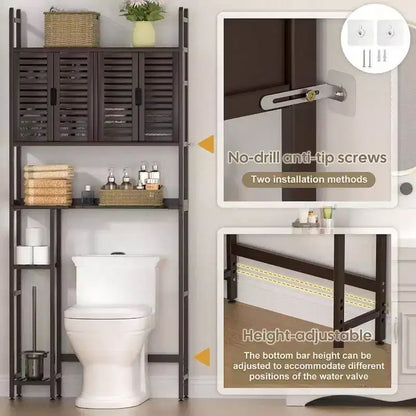 Meuble de rangement au-dessus des toilettes avec porte-papier toilette, étagère de salle de bain, organisateur, quatre portes, pieds imperméables, gain de place, étagère anti-renversement.