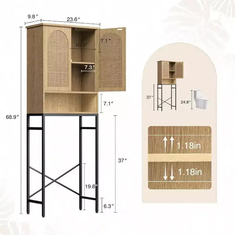 Meuble de rangement WC en rotin sur l'étagère Armoire en bois avec support métallique Organisateur de salle de bain Étagère réglable Autoportant grand