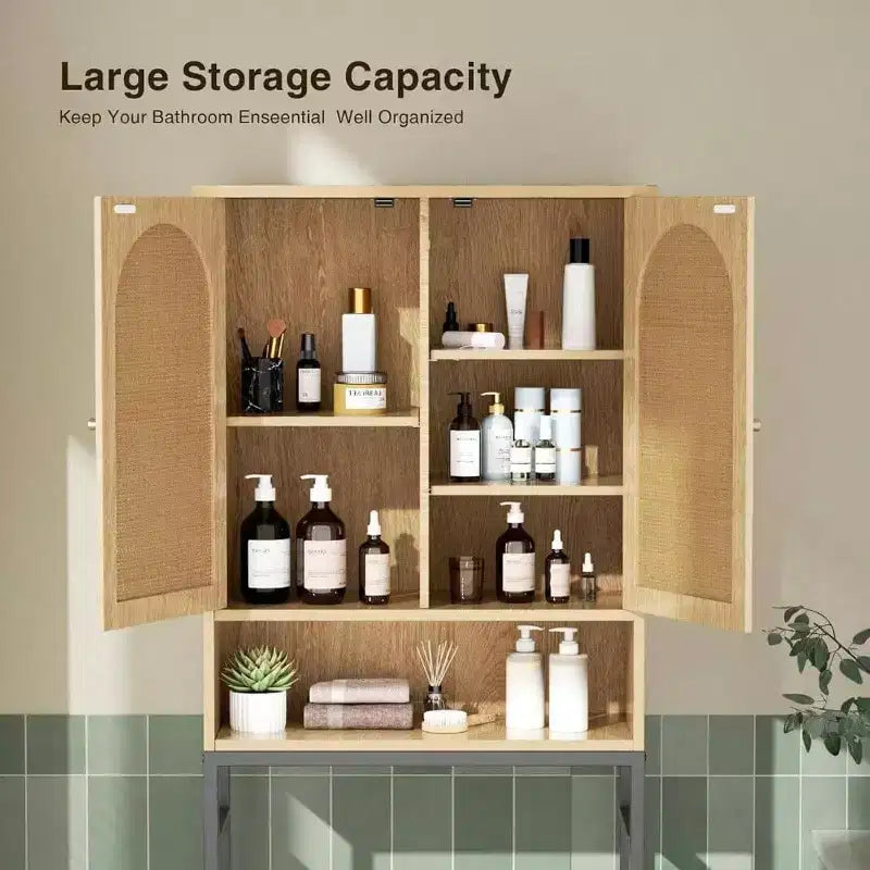 Meuble de rangement WC en rotin sur l'étagère Armoire en bois avec support métallique Organisateur de salle de bain Étagère réglable Autoportant grand