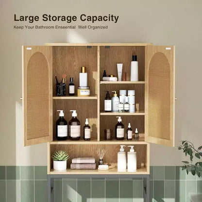 Meuble de rangement WC en rotin sur l'étagère Armoire en bois avec support métallique Organisateur de salle de bain Étagère réglable Autoportant grand