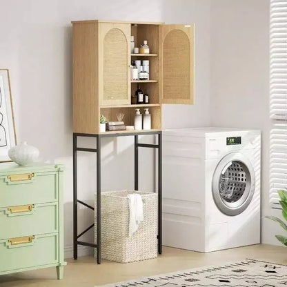 Meuble de rangement WC en rotin sur l'étagère Armoire en bois avec support métallique Organisateur de salle de bain Étagère réglable Autoportant grand