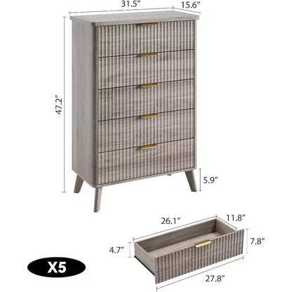 Commode cannelée pour chambre avec 5 tiroirs profonds, commode haute, design à profil incurvé, commode moderne en bois, pour salon, couloir