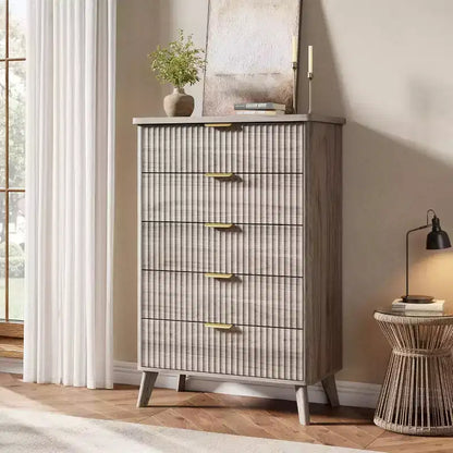 Commode cannelée pour chambre avec 5 tiroirs profonds, commode haute, design à profil incurvé, commode moderne en bois, pour salon, couloir