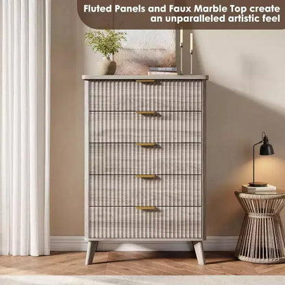 Commode cannelée pour chambre avec 5 tiroirs profonds, commode haute, design à profil incurvé, commode moderne en bois, pour salon, couloir