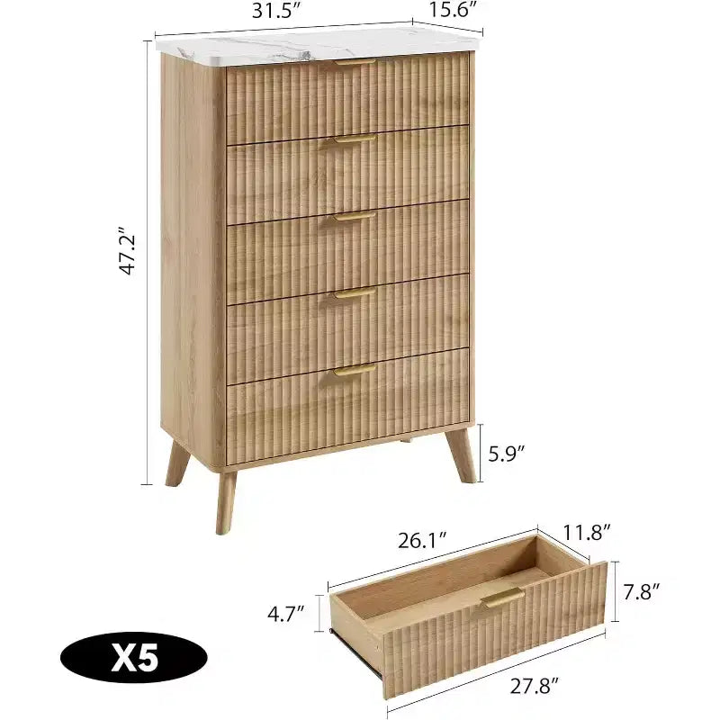 Commode cannelée pour chambre avec 5 tiroirs profonds, commode haute, design à profil incurvé, commode moderne en bois, pour salon, couloir