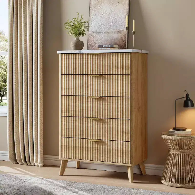 Commode cannelée pour chambre avec 5 tiroirs profonds, commode haute, design à profil incurvé, commode moderne en bois, pour salon, couloir