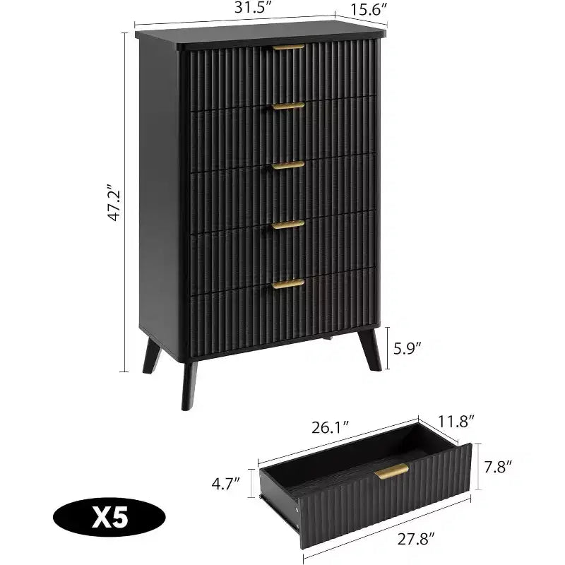 Commode cannelée pour chambre avec 5 tiroirs profonds, commode haute, design à profil incurvé, commode moderne en bois, pour salon, couloir