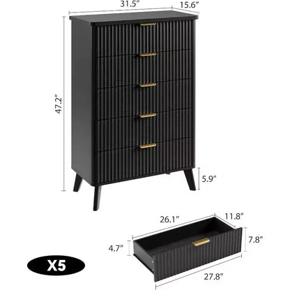 Commode cannelée pour chambre avec 5 tiroirs profonds, commode haute, design à profil incurvé, commode moderne en bois, pour salon, couloir