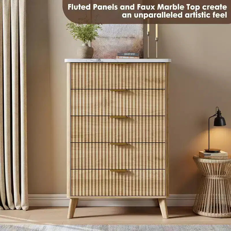 Commode cannelée pour chambre avec 5 tiroirs profonds, commode haute, design à profil incurvé, commode moderne en bois, pour salon, couloir