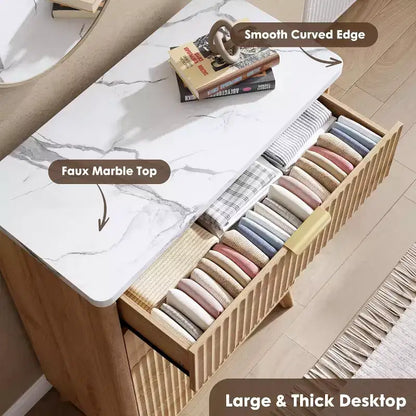 Commode cannelée pour chambre avec 5 tiroirs profonds, commode haute, design à profil incurvé, commode moderne en bois, pour salon, couloir