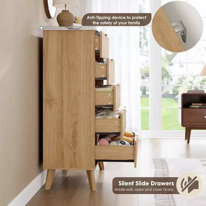 Commode cannelée pour chambre avec 5 tiroirs profonds, commode haute, design à profil incurvé, commode moderne en bois, pour salon, couloir