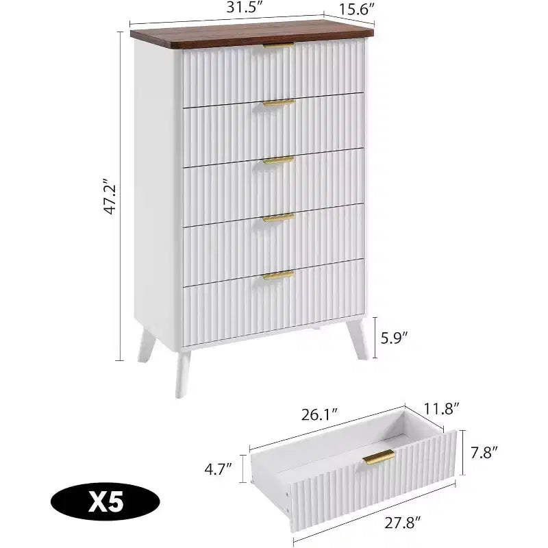 Commode cannelée pour chambre avec 5 tiroirs profonds, commode haute, design à profil incurvé, commode moderne en bois, pour salon, couloir