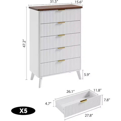 Commode cannelée pour chambre avec 5 tiroirs profonds, commode haute, design à profil incurvé, commode moderne en bois, pour salon, couloir