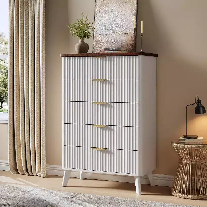 Commode cannelée pour chambre avec 5 tiroirs profonds, commode haute, design à profil incurvé, commode moderne en bois, pour salon, couloir