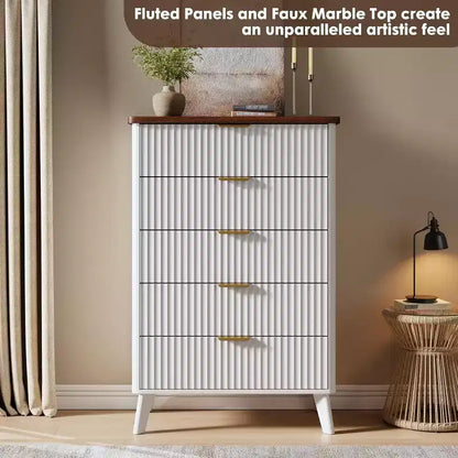 Commode cannelée pour chambre avec 5 tiroirs profonds, commode haute, design à profil incurvé, commode moderne en bois, pour salon, couloir