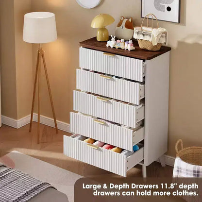 Commode cannelée pour chambre avec 5 tiroirs profonds, commode haute, design à profil incurvé, commode moderne en bois, pour salon, couloir