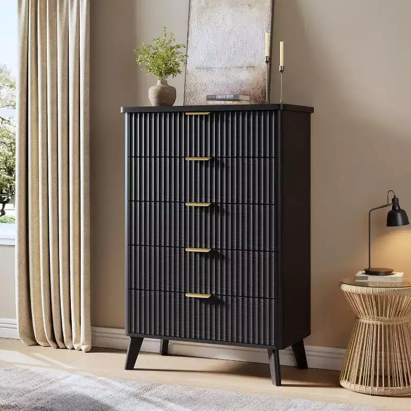 Commode cannelée pour chambre avec 5 tiroirs profonds, commode haute, design à profil incurvé, commode moderne en bois, pour salon, couloir