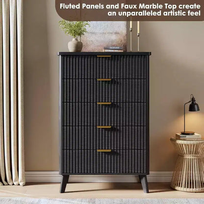 Commode cannelée pour chambre avec 5 tiroirs profonds, commode haute, design à profil incurvé, commode moderne en bois, pour salon, couloir