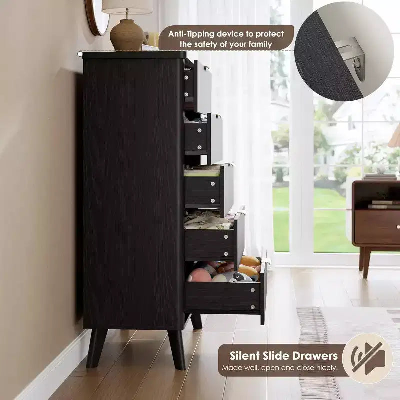 Commode cannelée pour chambre avec 5 tiroirs profonds, commode haute, design à profil incurvé, commode moderne en bois, pour salon, couloir