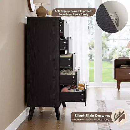 Commode cannelée pour chambre avec 5 tiroirs profonds, commode haute, design à profil incurvé, commode moderne en bois, pour salon, couloir