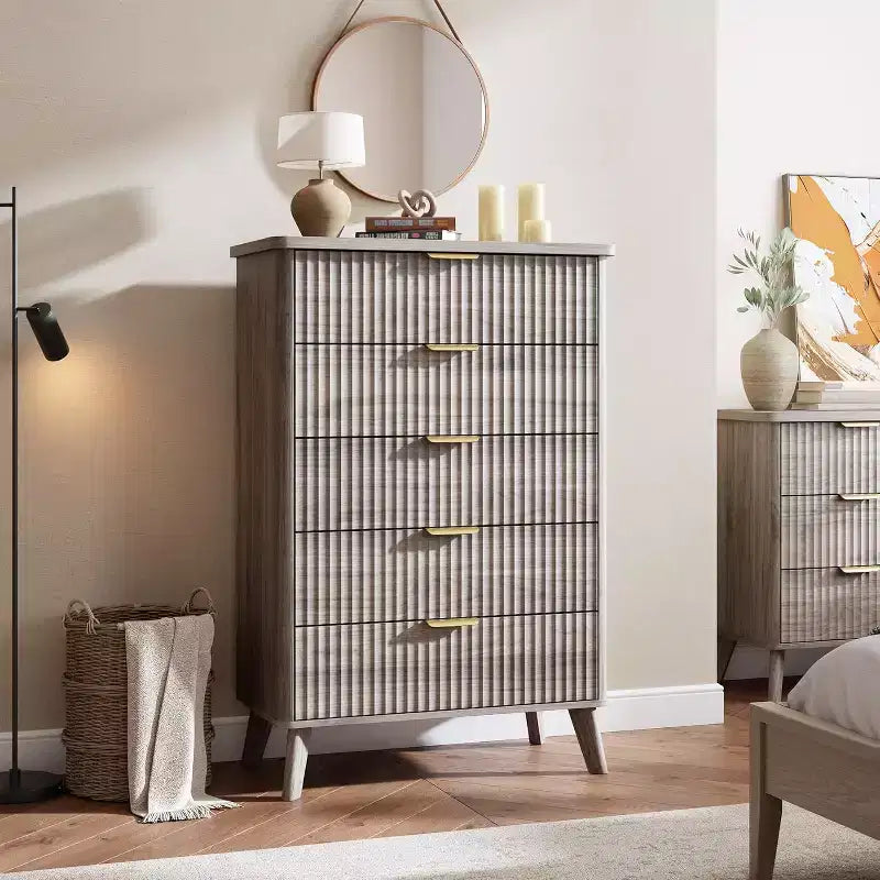 Commode cannelée pour chambre avec 5 tiroirs profonds, commode haute, design à profil incurvé, commode moderne en bois, pour salon, couloir