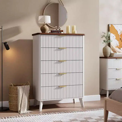 Commode cannelée pour chambre avec 5 tiroirs profonds, commode haute, design à profil incurvé, commode moderne en bois, pour salon, couloir