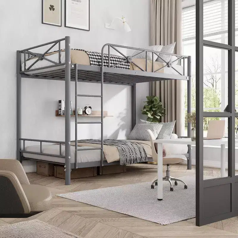 Lit superposé métallique, deux places superposées, lits superposés industriels robustes avec barres de sécurité et design peu encombrant, lit en acier pour école, chambre à coucher