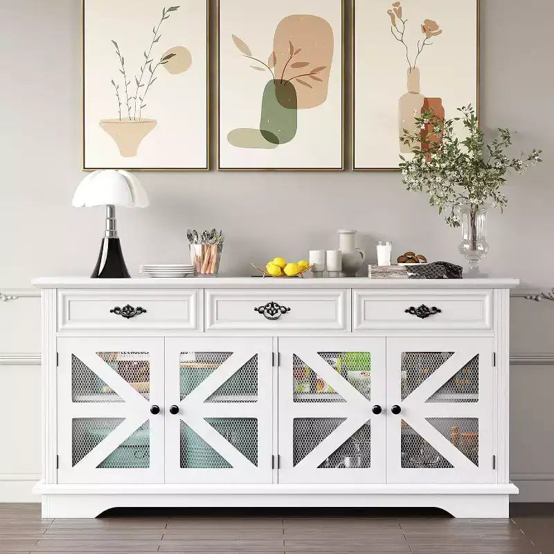 63 Sideboard Buffet Cabinet with Storage, Wood Kitchen Storage Cabinet with Charging Station, 3 Drawers, 4 Doors & Adjustable Shelves for Dining Room
