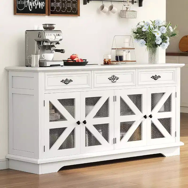Buffet de rangement 63 po avec station de recharge, meuble de rangement de cuisine en bois, 3 tiroirs, 4 portes et étagères réglables pour salle à manger