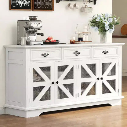 Buffet de rangement 63 po avec station de recharge, meuble de rangement de cuisine en bois, 3 tiroirs, 4 portes et étagères réglables pour salle à manger