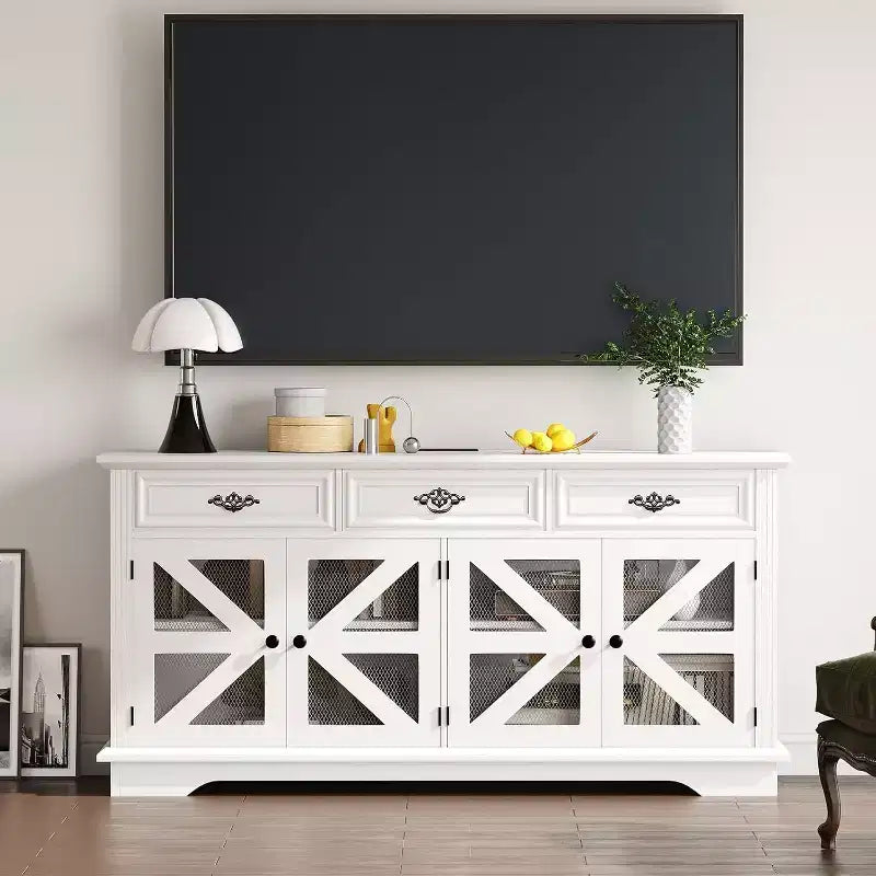 Buffet de rangement 63 po avec station de recharge, meuble de rangement de cuisine en bois, 3 tiroirs, 4 portes et étagères réglables pour salle à manger