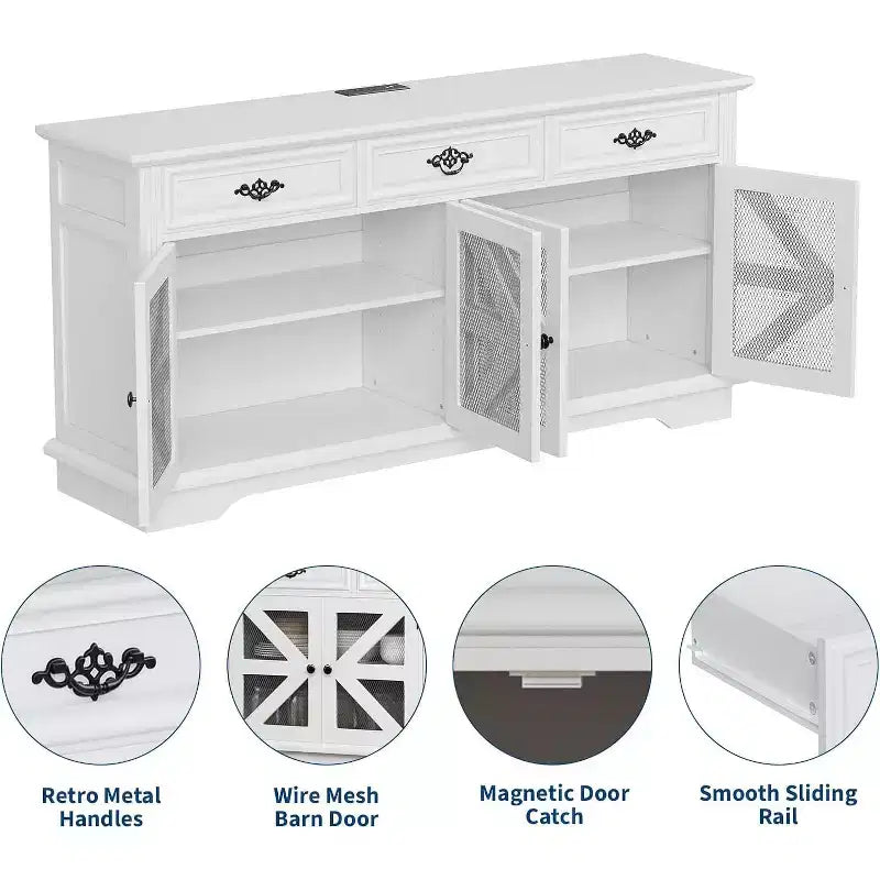Buffet de rangement 63 po avec station de recharge, meuble de rangement de cuisine en bois, 3 tiroirs, 4 portes et étagères réglables pour salle à manger