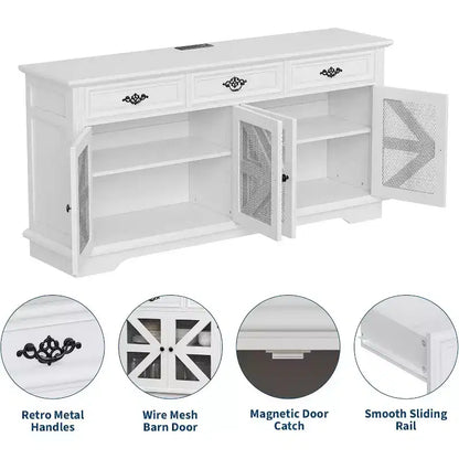 Buffet de rangement 63 po avec station de recharge, meuble de rangement de cuisine en bois, 3 tiroirs, 4 portes et étagères réglables pour salle à manger