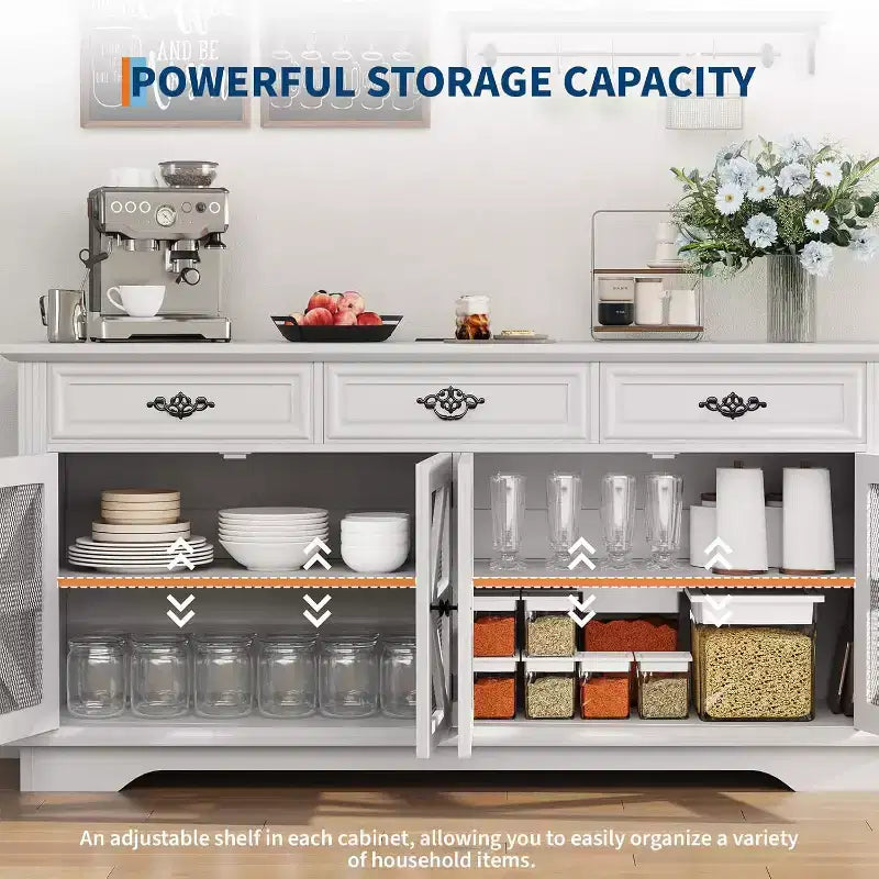 Buffet de rangement 63 po avec station de recharge, meuble de rangement de cuisine en bois, 3 tiroirs, 4 portes et étagères réglables pour salle à manger