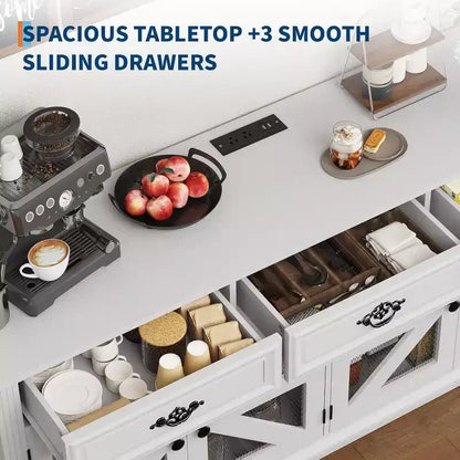 Buffet de rangement 63 po avec station de recharge, meuble de rangement de cuisine en bois, 3 tiroirs, 4 portes et étagères réglables pour salle à manger
