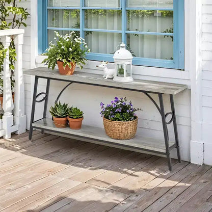 Console de 180 cm de long avec rangement double couche et design en arc - Gris et noir