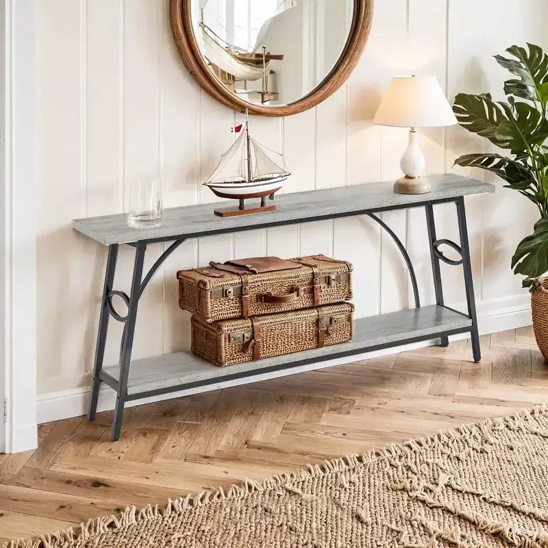Console de 180 cm de long avec rangement double couche et design en arc - Gris et noir