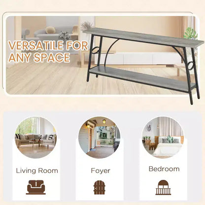 Console de 180 cm de long avec rangement double couche et design en arc - Gris et noir