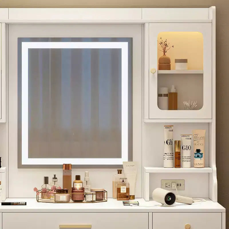 Grande coiffeuse d'angle avec 6 tiroirs, étagères et miroir - Blanc