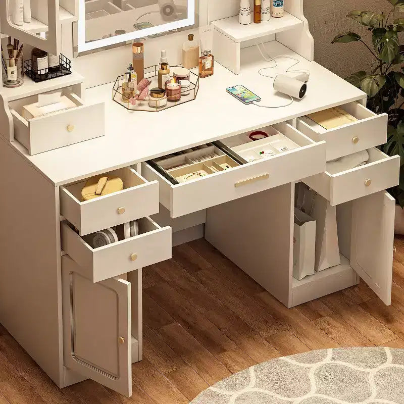 Grande coiffeuse d'angle avec 6 tiroirs, étagères et miroir - Blanc