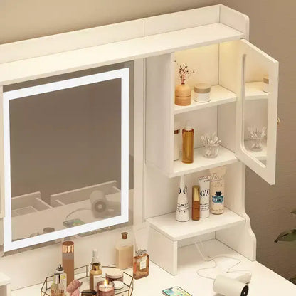Grande coiffeuse d'angle avec 6 tiroirs, étagères et miroir - Blanc