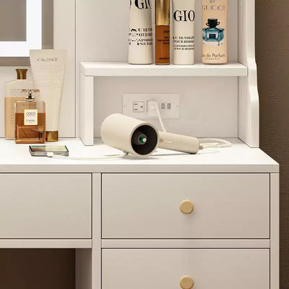 Grande coiffeuse d'angle avec 6 tiroirs, étagères et miroir - Blanc